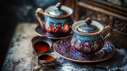 Two ornate tea cups with saucers and a small bowl of tea on a decorative surface.