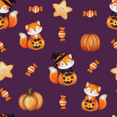 Halloween Candy Delight: A Seamless Pattern Featuring Lollipops, Chupa Chups, Pumpkins, and Foxes in a Cute and Spooky Style for Festive Wrapping Paper, Textiles, Kids’ Apparel, and Seasonal Design Pr