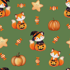 Seamless Halloween pattern featuring foxes, pumpkins, witch hats, candies, mice, and stars in a whimsical, festive design. Perfect for autumn decorations, fabric, packaging, and seasonal party themes 