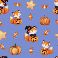 Halloween Candy Delight: A Seamless Pattern Featuring Lollipops, Chupa Chups, Pumpkins, and Foxes in a Cute and Spooky Style for Festive Wrapping Paper, Textiles, Kids’ Apparel, and Seasonal Design Pr