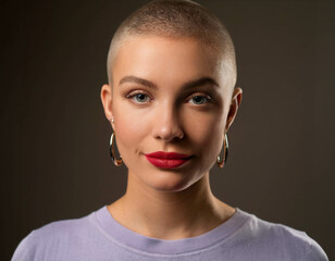 A close-up portrait of a young woman with a shaved head and bold earrings, captured in soft