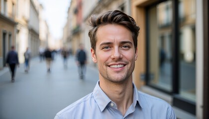 Obraz premium Happy young European professional business man, casual guy looking at camera, headshot close up face portrait. Confident smiling businessman, male entrepreneur, small business owner posing outdoors.