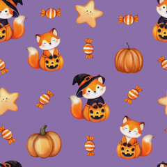 Seamless Halloween pattern featuring foxes, pumpkins, witch hats, candies, mice, and stars in a whimsical, festive design. Perfect for autumn decorations, fabric, packaging, and seasonal party themes 