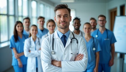 Fototapeta premium The image captures a group portrait of a male doctor standing confidently at the forefront, flanked by a diverse team of doctors and nurses in a bustling hospital environment