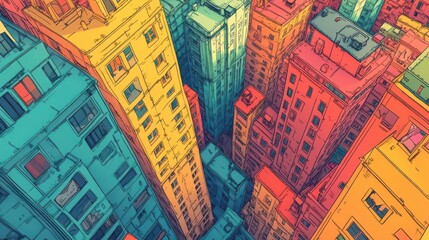 Fototapeta premium Urban exploration flat design top view cityscape cartoon drawing Split-complementary color scheme