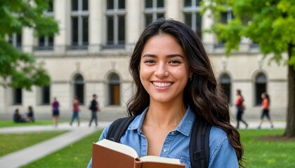 Female student, smile and notes for knowledge at college, 