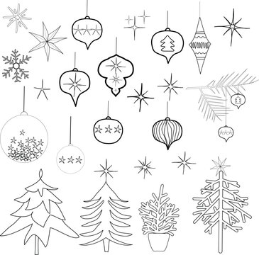 Collection d&eacute;coration boules &eacute;toiles flocon sapins de no&euml;l trait noir vecteur