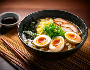 A cozy dinner setting featuring a bowl of steaming ramen with sliced pork, soft-boiled eggs,
