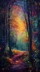 Fototapeta premium Painting a forest with autumn colors, with trees and leaves changing color in the background