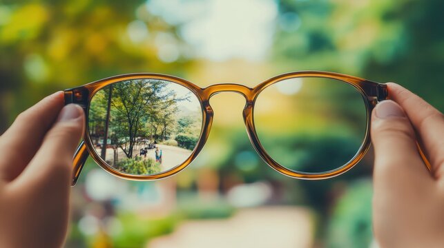Focused perspective through a pair of eyeglasses in hand. Clarity and vision concept with glasses and blurred background. Insightful view looking through corrective eyewear lenses.