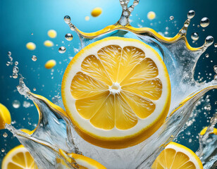 A creative shot of vibrant lemon slices spinning in a burst of sparkling water, with bubbles