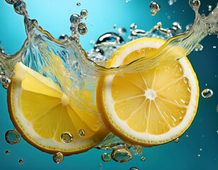 A creative shot of vibrant lemon slices spinning in a burst of sparkling water, with bubbles