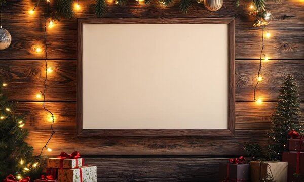 Christmas mockup of a blank poster on a rustic wooden wall, with holiday decorations, pine branches, and a warm festive glow. . Video