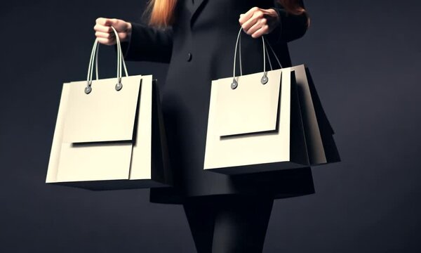 Femme habill&eacute;e en noir, tenant de nombreux sacs de shopping et avan&ccedil;ant doucement, avec un espace n&eacute;gatif noir pour texte, id&eacute;al pour Soldes ou Black Friday
