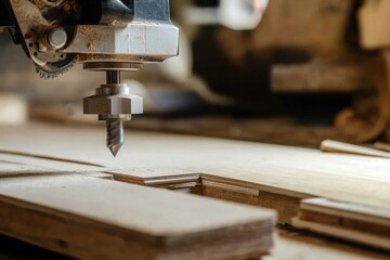 CNC machine performing precise cutting on wooden planks in a workshop environment during daylight hours