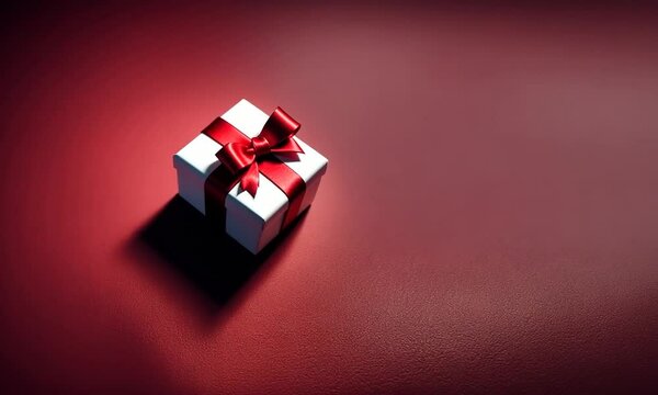 Paquet cadeau blanc avec un n&oelig;ud rouge en bolduc, pos&eacute; sur un fond en cuir rouge, id&eacute;al pour No&euml;l, anniversaire, Saint Valentin ou Nouvel An chinois