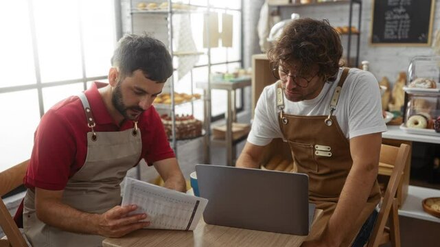 Two men bakers in an indoor bakery shop discuss paperwork and laptop usage during a work meeting at a wooden table with bakery products displayed on shelves in the background