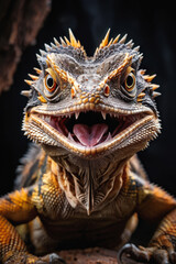 Obraz premium A dramatic close-up of a frilled dragon lizard displaying its open mouth and teeth, creating an intense and captivating portrait. The intricate scales are sharply focused. Generative AI