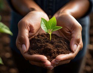 A detailed shot of hands holding a young sprout growing from a bed of rich soil.