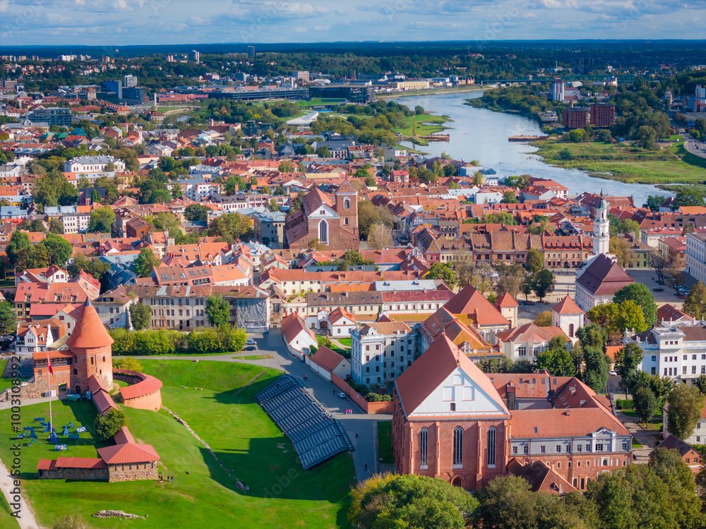 Wall mural Kaunas old town, Lithuania. Panoramic drone aerial view photo of Kaunas city center with many historical buildings