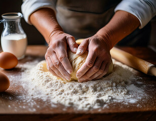 Fototapeta premium A detailed shot of hands kneading dough on a floured kitchen counter. Freshly cracked eggs