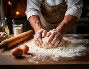 Fototapeta premium A detailed shot of hands kneading dough on a floured kitchen counter. Freshly cracked eggs