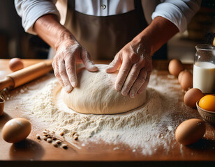 Fototapeta premium A detailed shot of hands kneading dough on a floured kitchen counter. Freshly cracked eggs