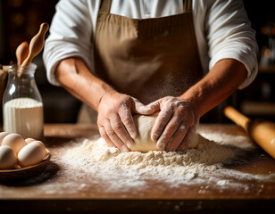 Fototapeta premium A detailed shot of hands kneading dough on a floured kitchen counter. Freshly cracked eggs