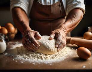 Fototapeta premium A detailed shot of hands kneading dough on a floured kitchen counter. Freshly cracked eggs