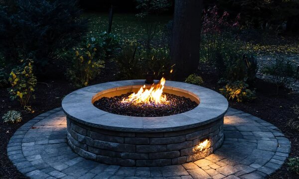 Circular outdoor stone paver firepit with fire blazing inside and subtle recessed lighting hidden around the base Video