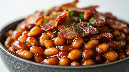 Bowl of baked beans topped with crispy bacon slices