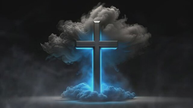 Glowing Blue Cross Emerging from Smoke