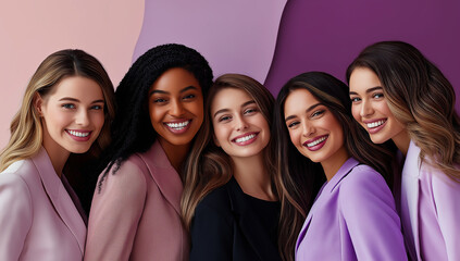Group of five diverse women smiling confidently, standing together in stylish professional outfits, celebrating friendship, empowerment, and diversity in a modern business environment