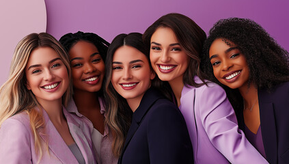Group of five diverse women smiling confidently, standing together in stylish professional outfits, celebrating friendship, empowerment, and diversity in a modern business environment