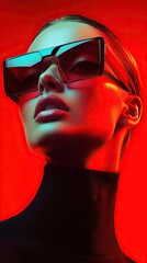 Artistic portrait of woman in red with futuristic sunglasses against vibrant red background.