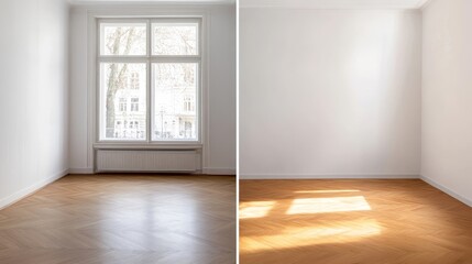 Bright Empty Room with Large Window and Wooden Floor