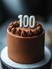 Chocolate cake with '100' candle topper celebrating 100 years.