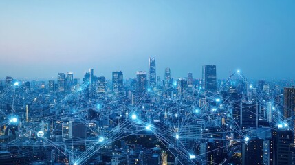 A cityscape with connected network lines and technology icons, representing the digital transformation of urban environments. The background is a clear blue sky, symbolizing hope for future