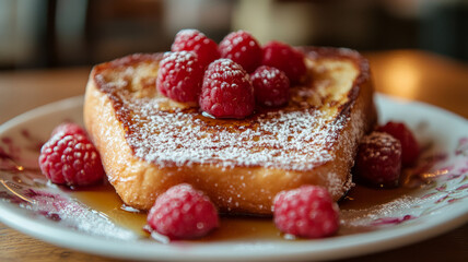 French toast with raspberries and powdered sugar on a plate.