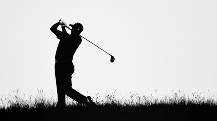In a captivating silhouette, a golfer executes a powerful swing, framed against a quietly dramatic sky, embodying the grace of the game at dusk