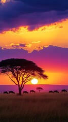 Fototapeta premium Silhouette of acacia tree and elephants against dramatic African sunset, picturesque and serene land