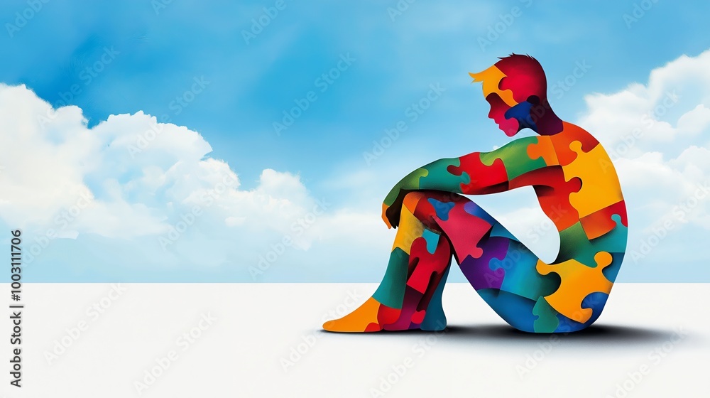 Wall mural a colorful puzzle-like person sitting in a meditative pose against a blue sky with white clouds.