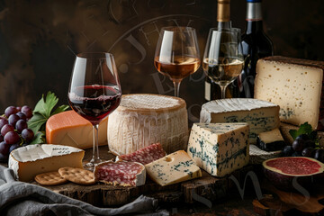 A table with a variety of cheeses, wine, and crackers