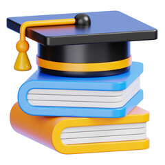 Graduation cap on stack of books isolated Back to school and education minimal icon 3D illustration