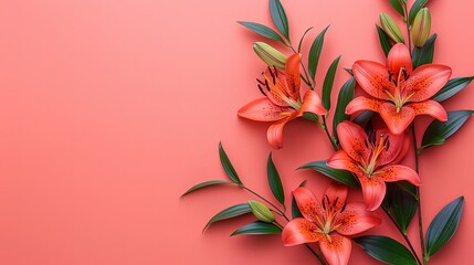 Lily flower on soft color background, romantic feminine composition, wedding invitation concept.