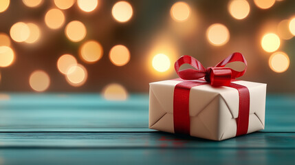 An elegant gift box with a red ribbon