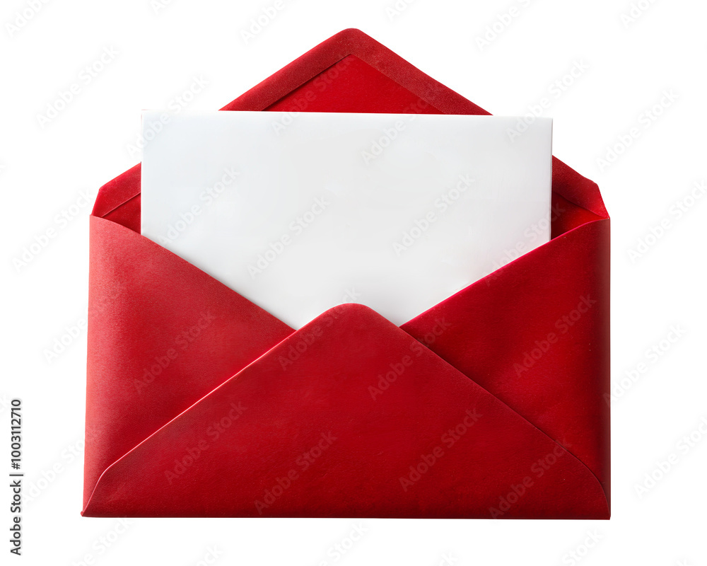 Wall mural red envelope with blank letter inside with copy space for text, isolated on white transparent backgr