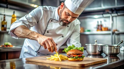 Chef preparing gourmet burger with fries in restaurant kitchen, culinary expertise in action.