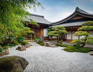 Fototapeta premium A Japanese-inspired garden with a stone path leading to a traditional tea house. Surrounded