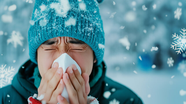 A man is blowing his nose in the cold winter